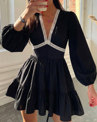Deep V-Neck Lace Trim Floral Puff Sleeve Mini Dress