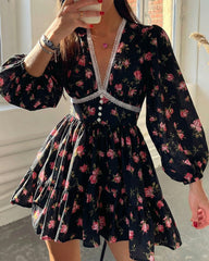 Deep V-Neck Lace Trim Floral Puff Sleeve Mini Dress