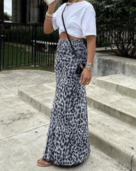 High-Waisted Leopard Print Mesh Skirt