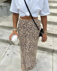 High-Waisted Leopard Print Mesh Skirt