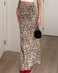 High-Waisted Leopard Print Mesh Skirt