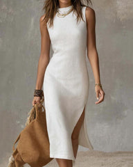 Stand-collar Split-hem Midi Dress