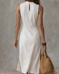 Stand-collar Split-hem Midi Dress