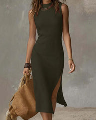 Stand-collar Split-hem Midi Dress