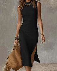 Stand-collar Split-hem Midi Dress