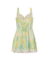 Floral Print Crochet Zig Zag Trim Back Lace-up Mini Dress