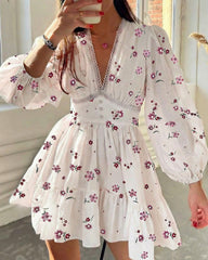 Deep V-Neck Lace Trim Floral Puff Sleeve Mini Dress