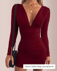 V-Neck Long Sleeve Ruched Bodycon Dress Curvvvy