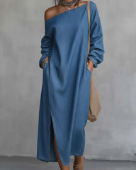 Loose-fitting One Shoulder Split Hem Midi Dress