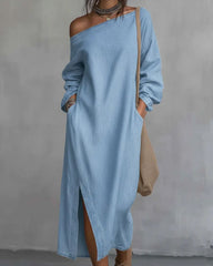 Loose-fitting One Shoulder Split Hem Midi Dress