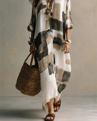 Boho Abstract Print Button-Front Maxi Dress