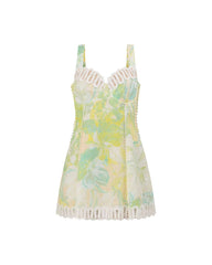 Floral Print Crochet Zig Zag Trim Back Lace-up Mini Dress