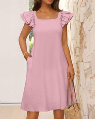 Ruffle Sleeve Bow Square Neck Casual Cute Shift Sundress