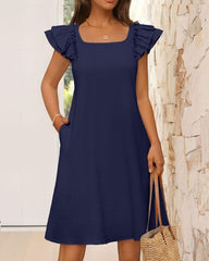 Ruffle Sleeve Bow Square Neck Casual Cute Shift Sundress