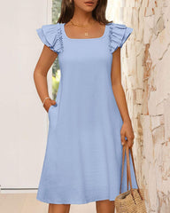 Ruffle Sleeve Bow Square Neck Casual Cute Shift Sundress