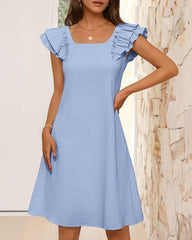 Ruffle Sleeve Bow Square Neck Casual Cute Shift Sundress