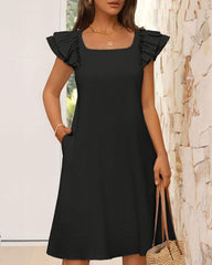 Ruffle Sleeve Bow Square Neck Casual Cute Shift Sundress