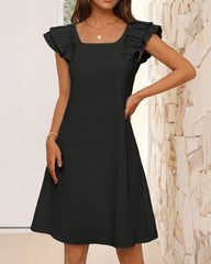 Ruffle Sleeve Bow Square Neck Casual Cute Shift Sundress