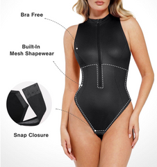 Shapewear Faux Leather Mock Neck Zip Front Sculpting Bodysuit