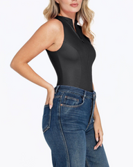 Shapewear Faux Leather Mock Neck Zip Front Sculpting Bodysuit