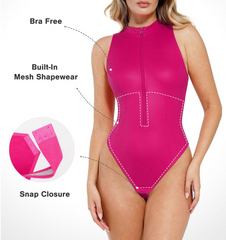 Shapewear Faux Leather Mock Neck Zip Front Sculpting Bodysuit