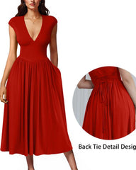 Women's Casual Deep V Neck Cap Sleeve Pleated Swing A Line Midi Dress With Pockets