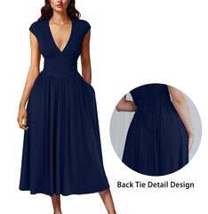Women's Casual Deep V Neck Cap Sleeve Pleated Swing A Line Midi Dress With Pockets