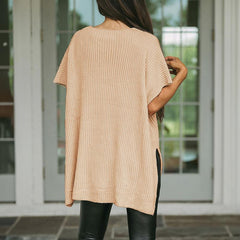 Women's Summer Solid Wool Pullover - Round Neck, Loose Short-Sleeve