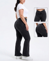 Curvy Fit High Waist Crossover Flare Denim Jeans - Illusion Pocket Stretch