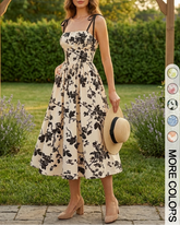 Curvy Floral Print Tie Shoulder Midi Cami Dress