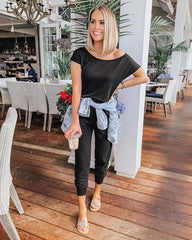 Off-Shoulder Short Sleeve Beam Foot Jumpsuit