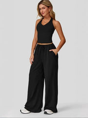 Women's Summer V Neck Top & Wide Leg Pants Set