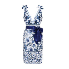 V Neck Lace Up Strip Plant Prints One Piece Swimsuit and Skirt/Sarong