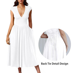 Women's Casual Deep V Neck Cap Sleeve Pleated Swing A Line Midi Dress With Pockets