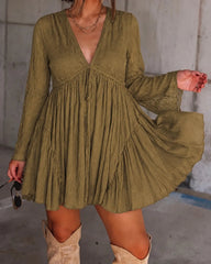 Women's V Neck Long Sleeve Casual Mini Dress
