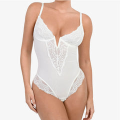 Deep V-Neck Lace Thong Bodysuit - A Stylish, Lightly-Sculpting Statement