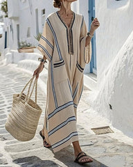 V-Neck Kaftan Maxi Solid Dress with Stripe Detail