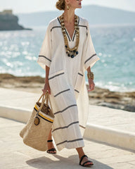 V-Neck Kaftan Maxi Dress with Black Stripe Detail