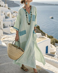 V-Neck Kaftan Maxi Solid Dress with Stripe Detail