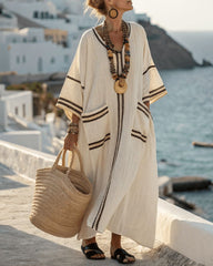 V-Neck Kaftan Maxi Dress with Black Stripe Detail