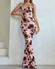 Romantic Floral Ruched Tie-Strap Maxi Dress