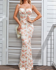 Romantic Floral Ruched Tie-Strap Maxi Dress