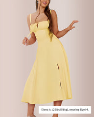 Structured Bust Ruched Tie-Front High Slit Midi Dress