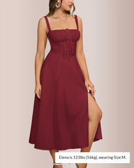 Structured Bust Ruched Tie-Front High Slit Midi Dress