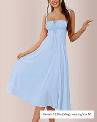 Structured Bust Ruched Tie-Front High Slit Midi Dress