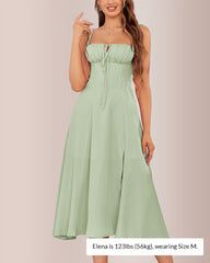 Structured Bust Ruched Tie-Front High Slit Midi Dress