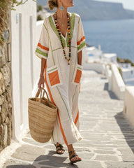 V-Neck Kaftan Maxi Dress with Green Orange Stripe Detail