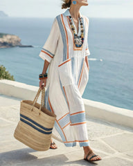 V-Neck Kaftan Maxi Dress with Blue Orange Stripe Detail