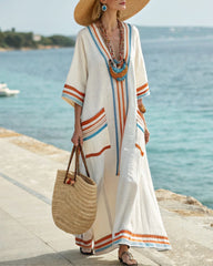 V-Neck Kaftan Maxi Dress with Blue Orange Stripe Detail