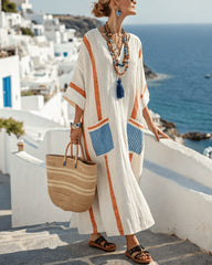 V-Neck Kaftan Maxi Dress with Blue Orange Stripe Detail
